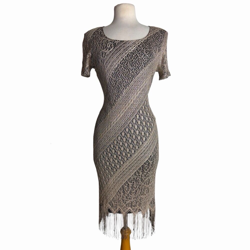 Vintage 90s Gold Sheen Crochet Lace Fringe Flapper Dress Pointelle Mesh Small